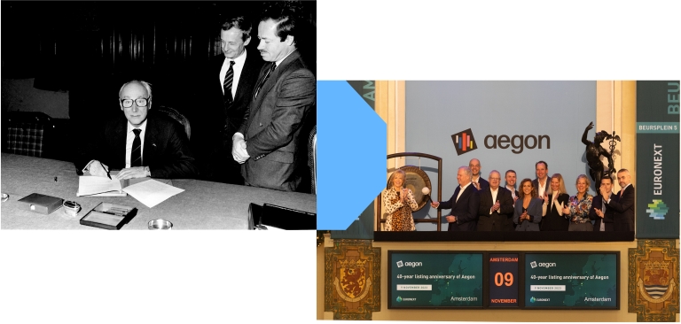 L-R: From 1983, Mr. Joop Bakker, chairman of the Supervisory Board of Aegon, Mr. Jaap Peters CEO of Aegon, Boudewijn Baron van Ittersum, Chairman of the Vereniging voor de Effectenhandel, today called Euronext Amsterdam. To 2023, Aegon CEO, Lard Friese, sounds the gong to open trading.